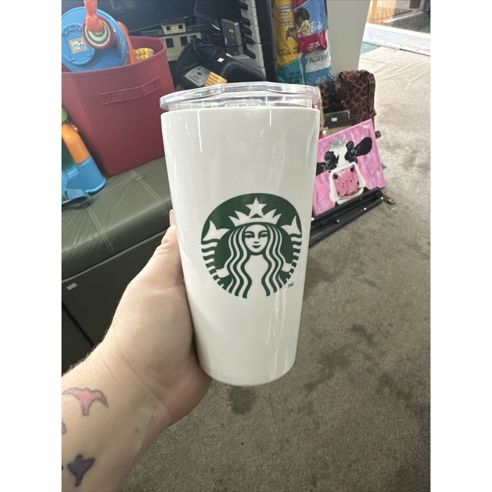 Starbucks Classic White and Green Travel Tumbler Black‎ Lid Ceramic 12 oz